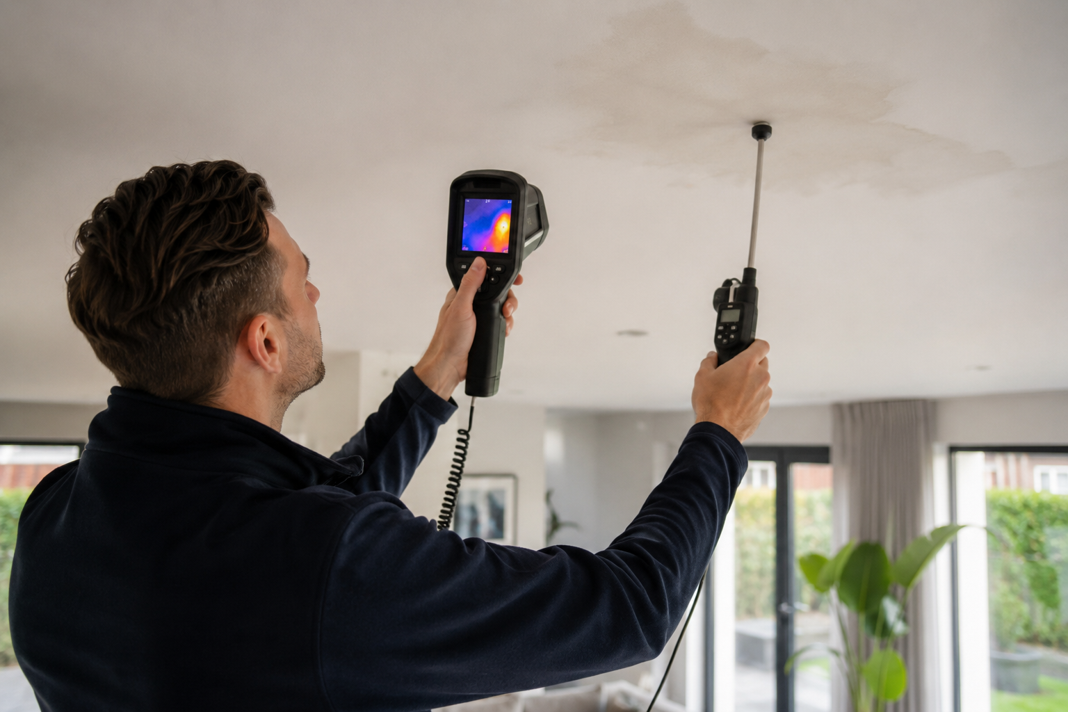 Zwarte schimmel op het plafond van een moderne badkamer