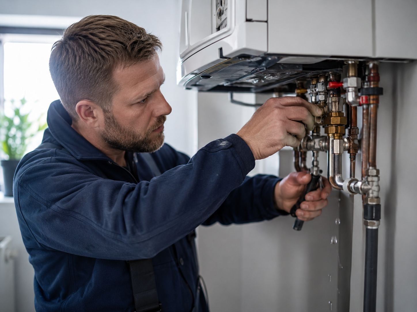 Loodgieter inspecteert lekkende cv-ketel in woning