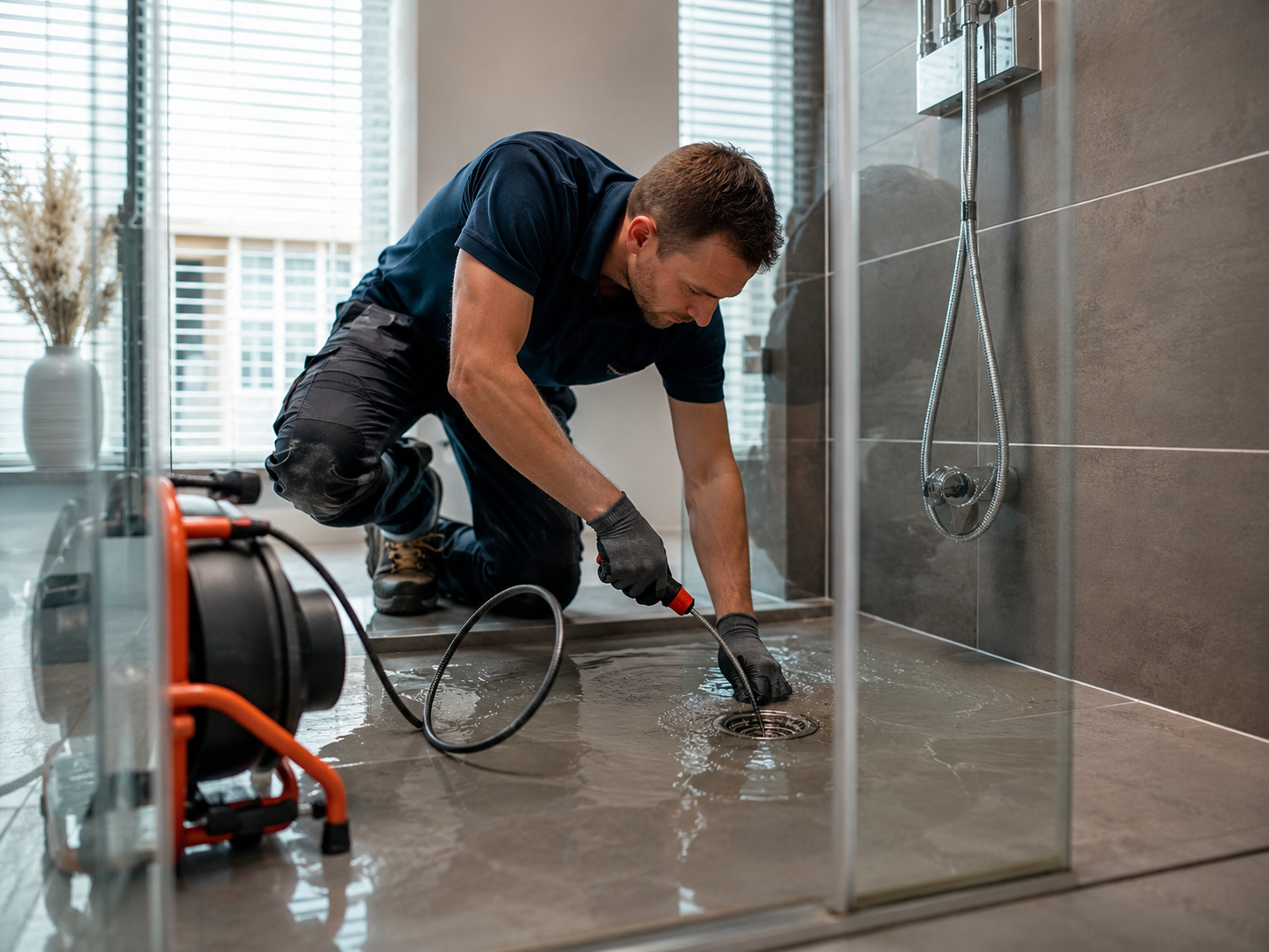 Loodgieter inspecteert doucheafvoer waar water niet goed doorloopt in moderne Nederlandse badkamer