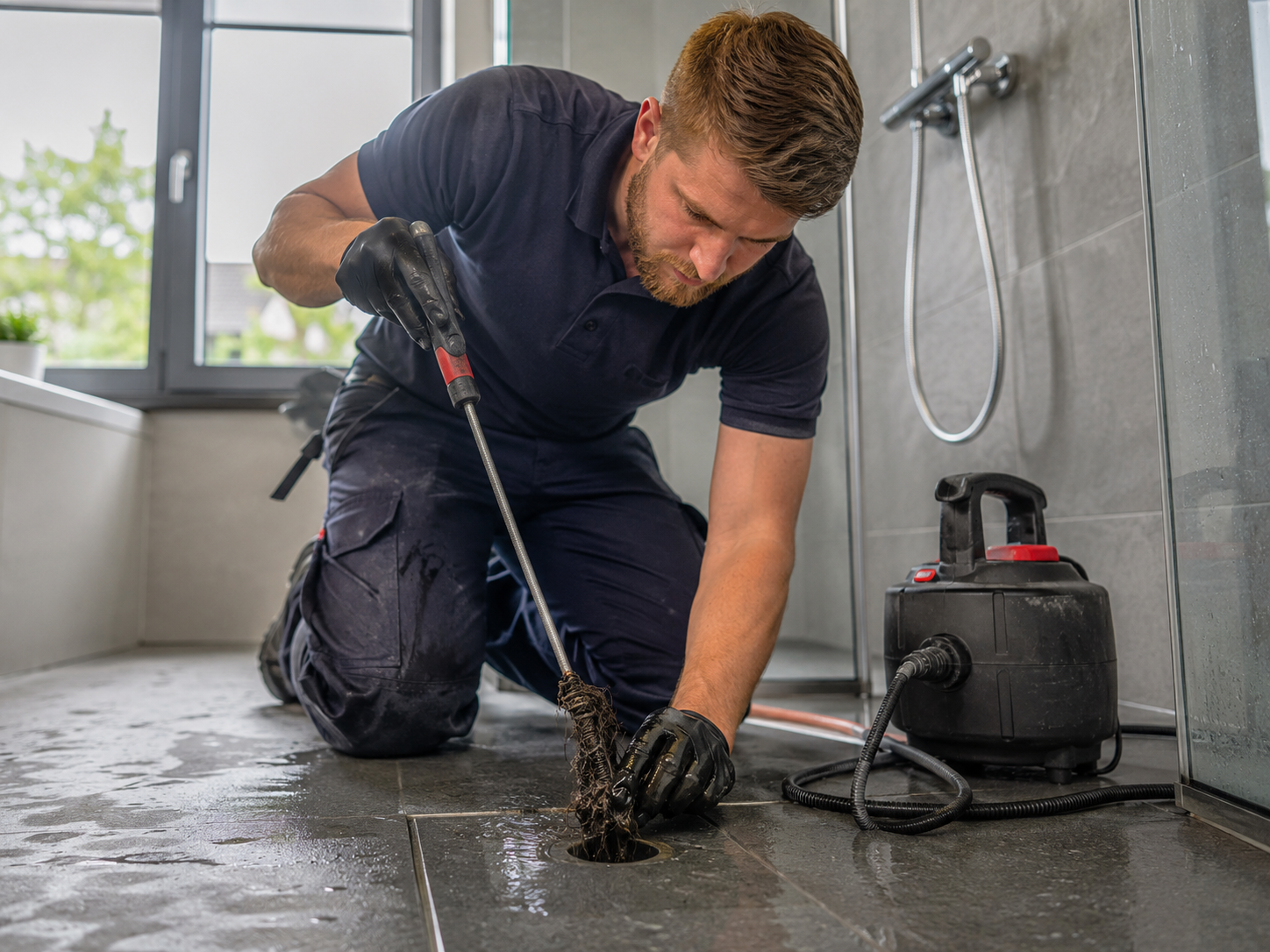 Loodgieter inspecteert verstopt doucheputje in moderne Nederlandse badkamer