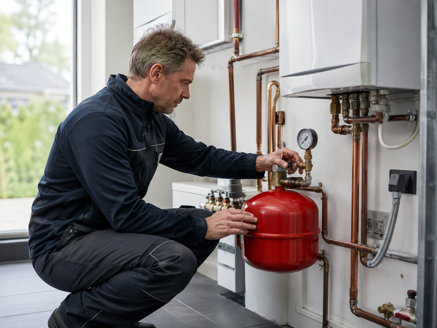 Loodgieter controleert defect expansievat van cv-installatie