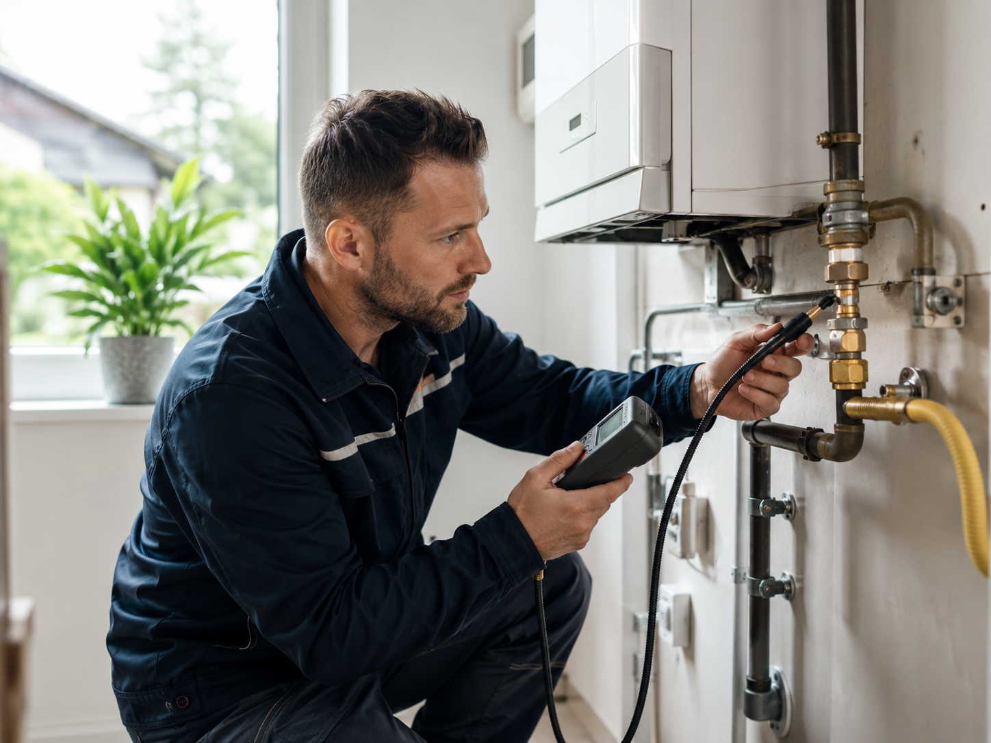 Loodgieter controleert gaslek met detectieapparatuur in woning