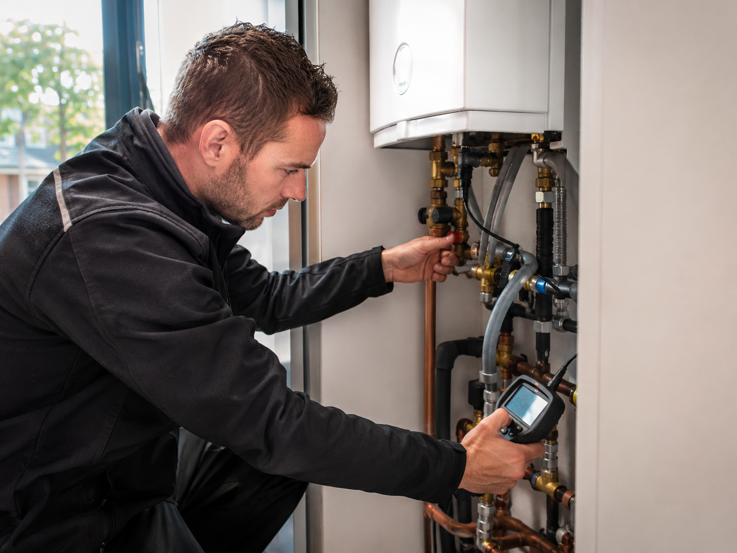 Loodgieter onderzoekt probleem met warmwatervoorziening