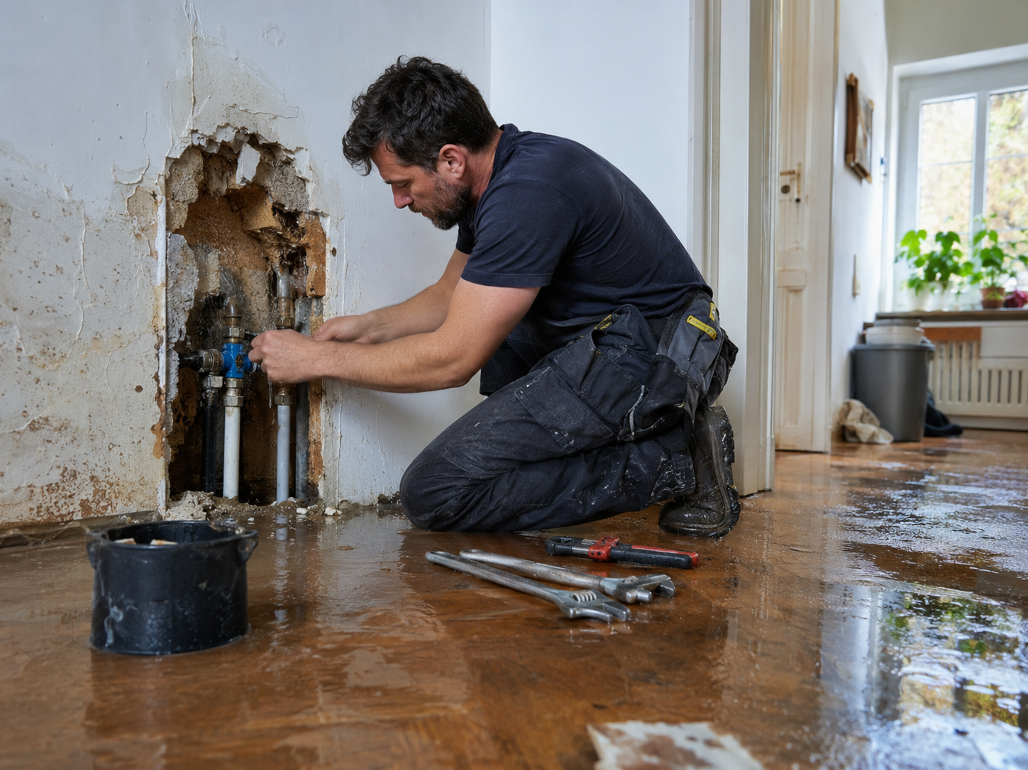 Loodgieter herstelt gesprongen waterleiding met waterschade