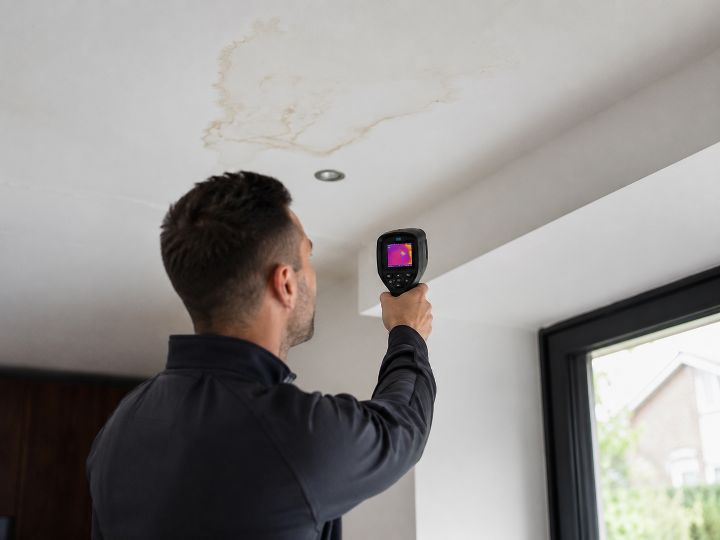 Loodgieter inspecteert lekkage aan plafond in woning