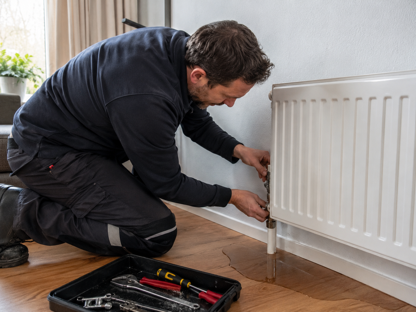 Loodgieter controleert lekkende radiator in woning