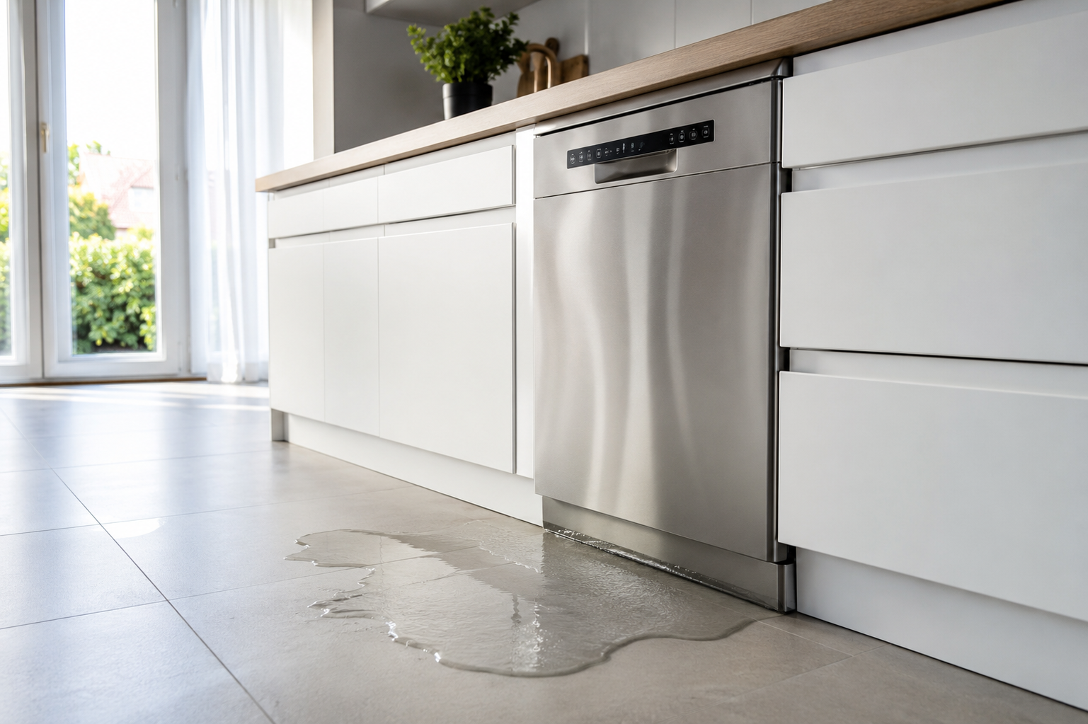 Lekkende vaatwasser met water op de vloer in een moderne bijkeuken
