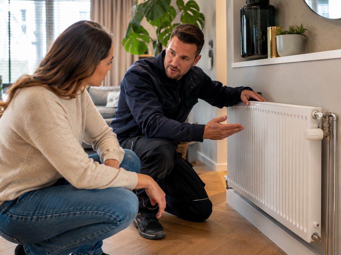 Loodgieter ontlucht een radiator in een Nederlandse woning