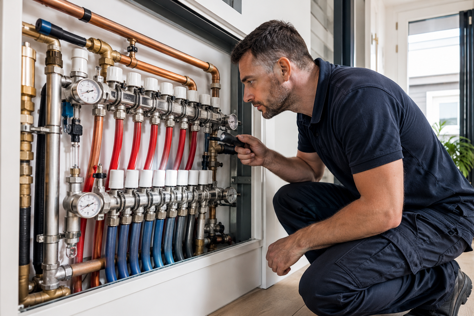 Loodgieter controleert lekkende vloerverwarming met lekdetectie apparatuur
