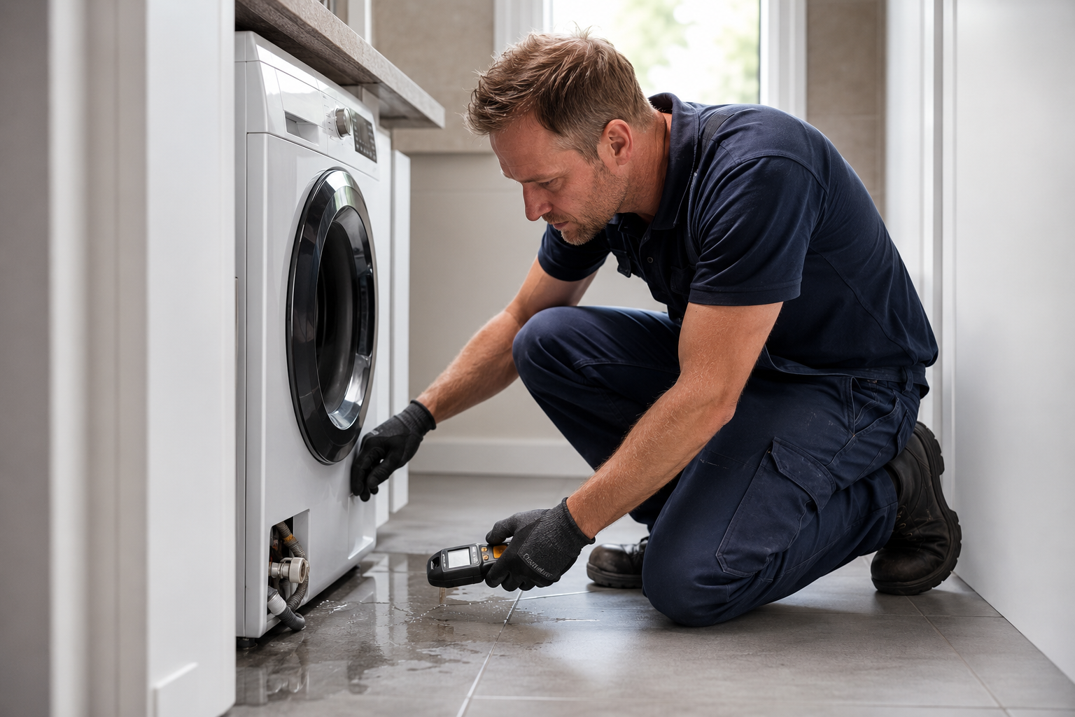 Lekkende wasmachine met water op de vloer in een moderne bijkeuken