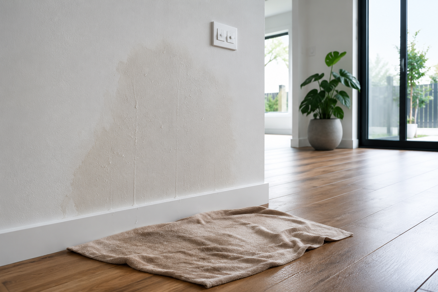 Water dat uit een witte binnenmuur komt door een verborgen lekkage