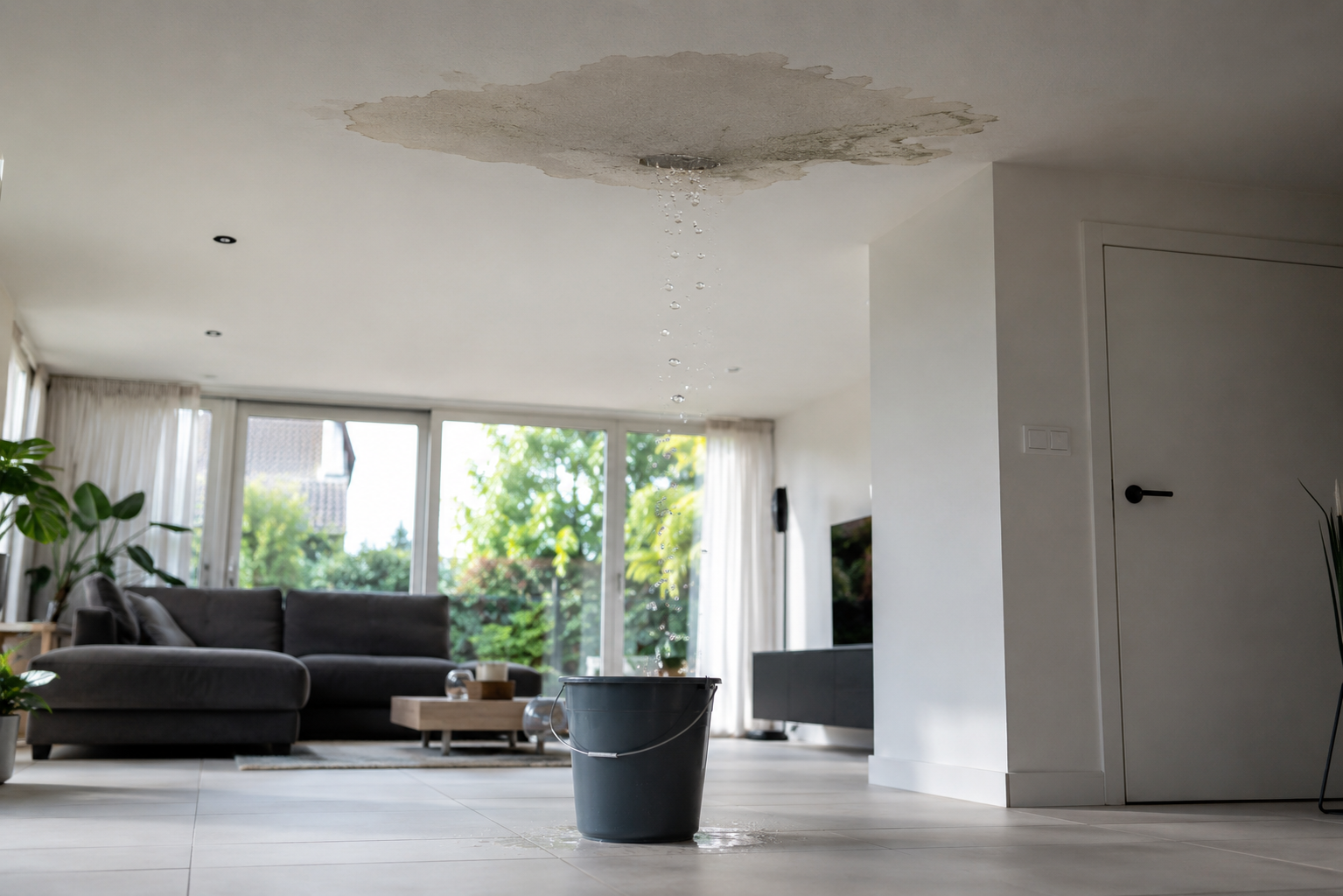 Water dat uit een plafond lekt in een woning
