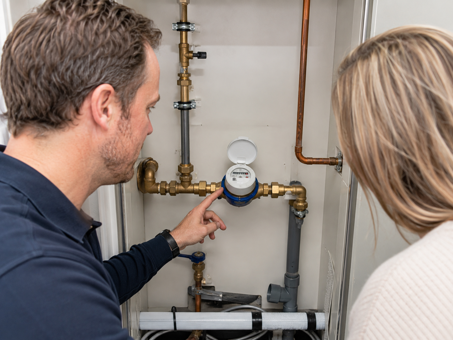Loodgieter controleert watermeter vanwege mogelijk verborgen waterlek in woning